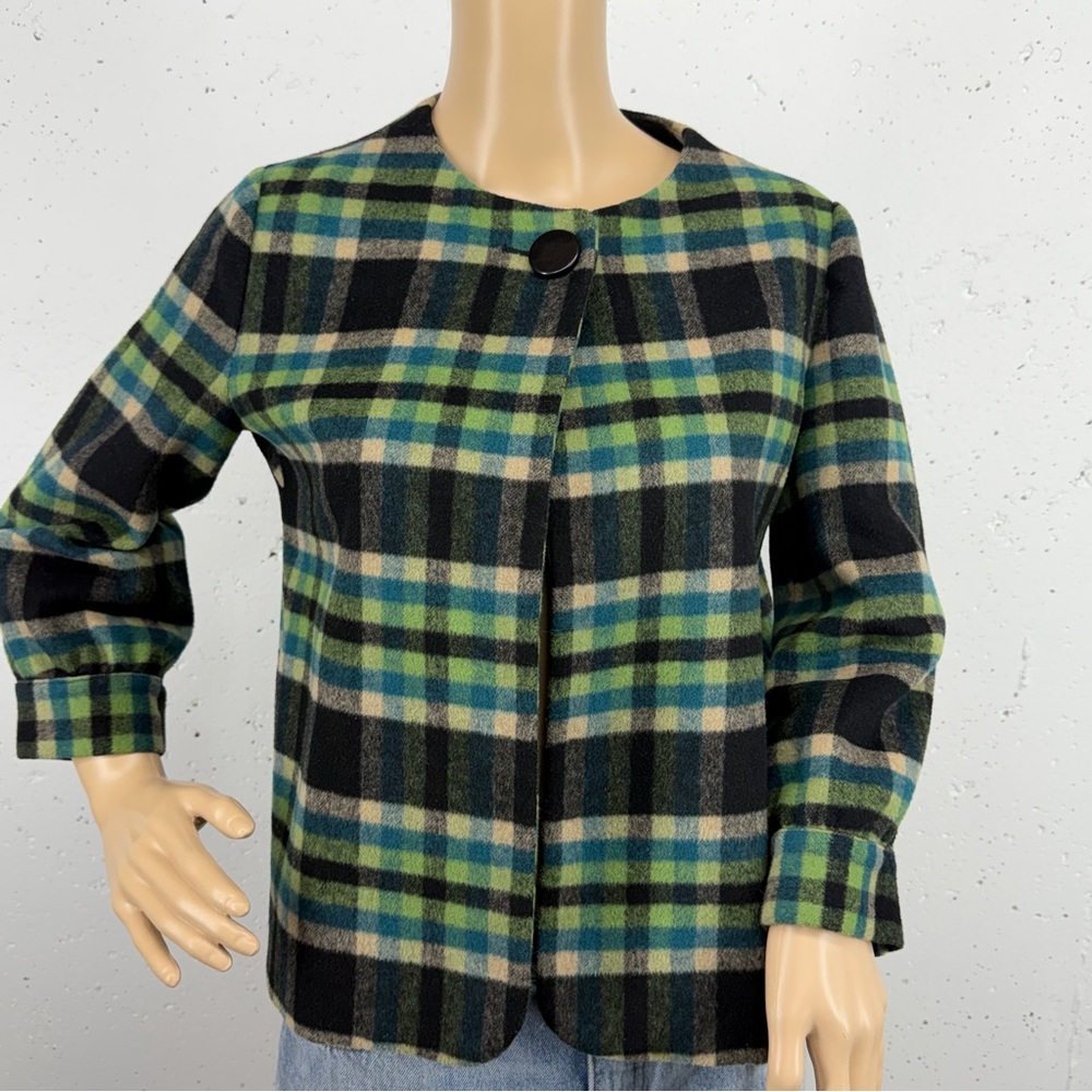 Joe’s Jeans Size Small Green Blue & Black Plaid One Button Wool Blend Blazer